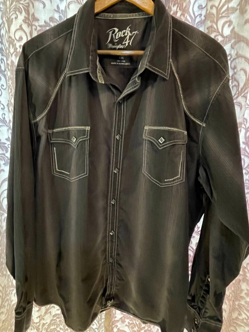 Men's XXL Rock 47 by WRANGLER Blk/Grey L/S Pearl Snap Contemporary Western Shirt